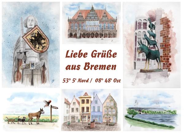 Postkarte DIN-A6 Aquarell Maritim Kunst Druck Kunstdruck Bremen Bremer Stadtmusikanten Collage Dom Rathaus Souvenir Souvenirs